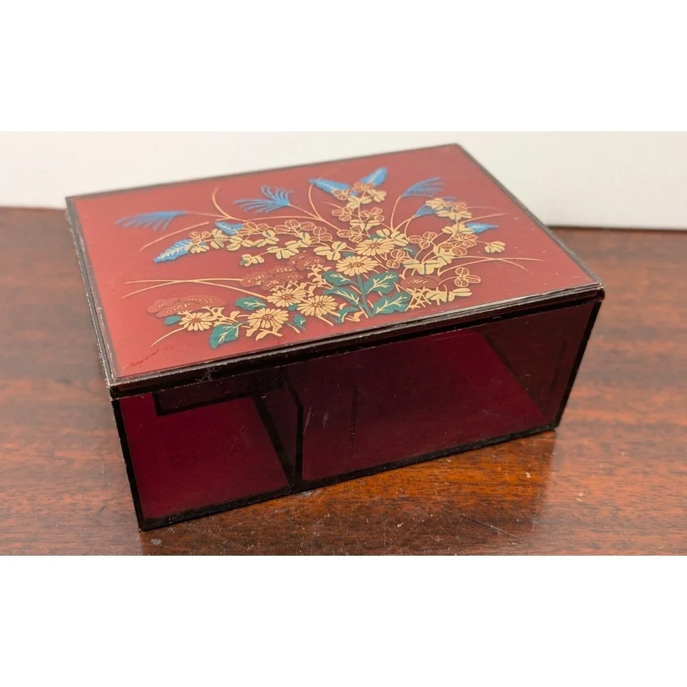 Vintage Floral Amber Acrylic Jewelry Box Mirrored Lid Lucite Style Trinket Box